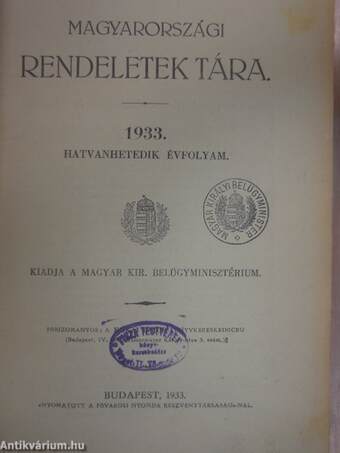 Magyarországi rendeletek tára 1933. I-II.