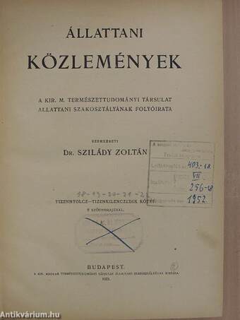 Állattani Közlemények 1919-1922., 1925/1-4.