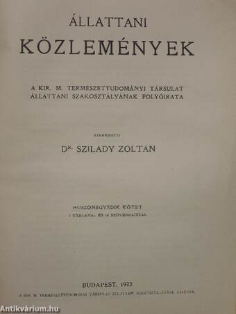 Állattani Közlemények 1919-1922., 1925/1-4.