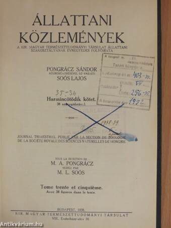 Állattani Közlemények 1938-1939/1-4.