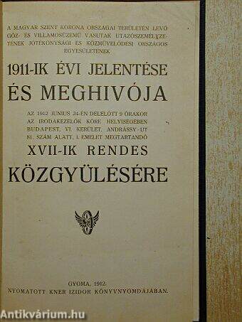 1911-ik évi jelentés és meghívó XVII-ik rendes közgyűlésre