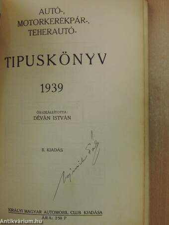 Autó-, motorkerékpár-, teherautó-tipuskönyv 1939