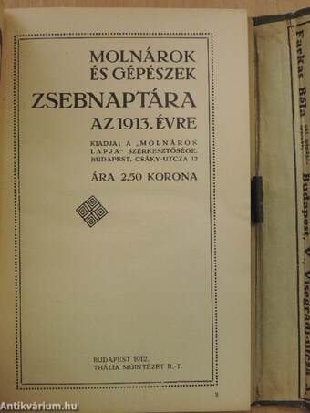 Molnárok és gépészek zsebnaptára az 1913. évre