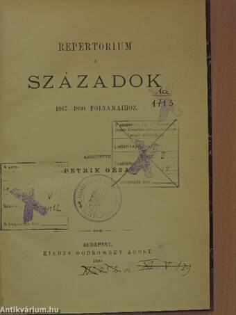 Repertorium a Századok 1867-1890. folyamaihoz