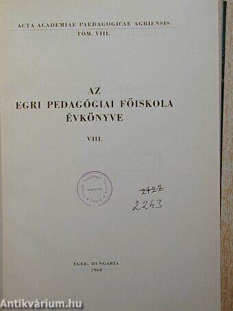 Az Egri Pedagógiai Főiskola Évkönyve 1962. VIII.