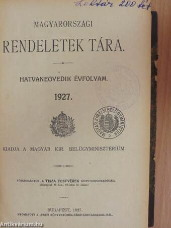 Magyarországi Rendeletek Tára 1927. I-II.