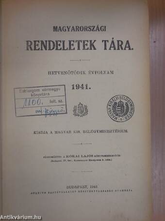 Magyarországi Rendeletek Tára 1941. VI-XII.