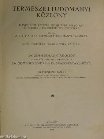 Természettudományi Közlöny 1938. január-december/Pótfüzetek a Természettudományi Közlönyhöz 1938. január-december