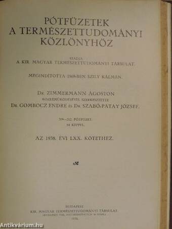 Természettudományi Közlöny 1938. január-december/Pótfüzetek a Természettudományi Közlönyhöz 1938. január-december