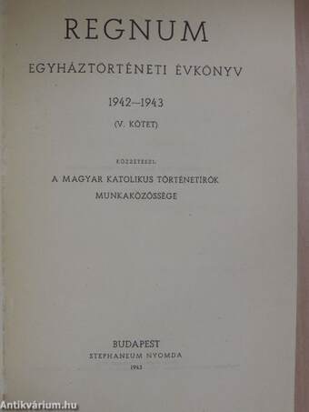 Regnum egyháztörténeti évkönyv 1942-1943