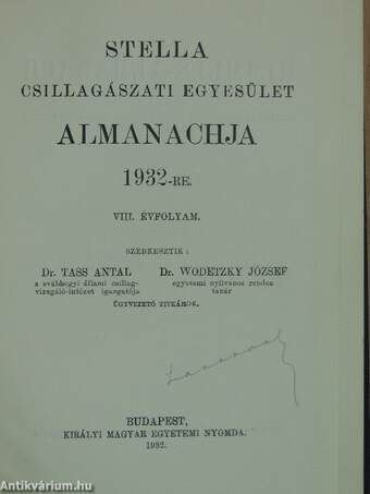 Stella Csillagászati Egyesület Almanachja 1932-re