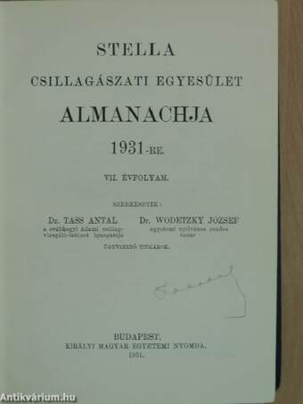 Stella Csillagászati Egyesület Almanachja 1931-re