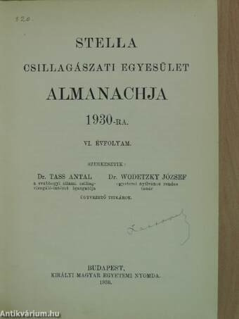 Stella Csillagászati Egyesület Almanachja 1930-ra