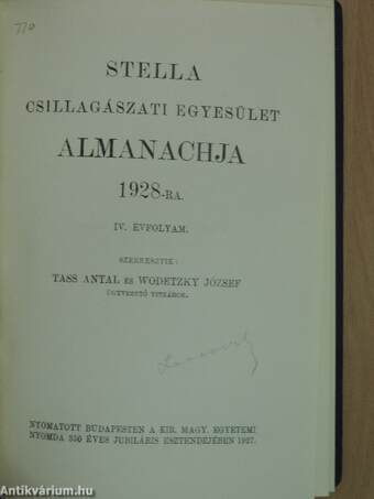 Stella Csillagászati Egyesület Almanachja 1928-ra