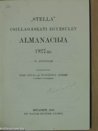 "Stella" Csillagászati Egyesület Almanachja 1927-re