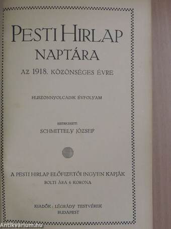 Pesti Hirlap naptára az 1918. közönséges évre