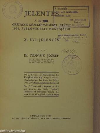 Jelentés a M. Kir. Országos Közegészségügyi Intézet 1936. évben végzett munkájáról