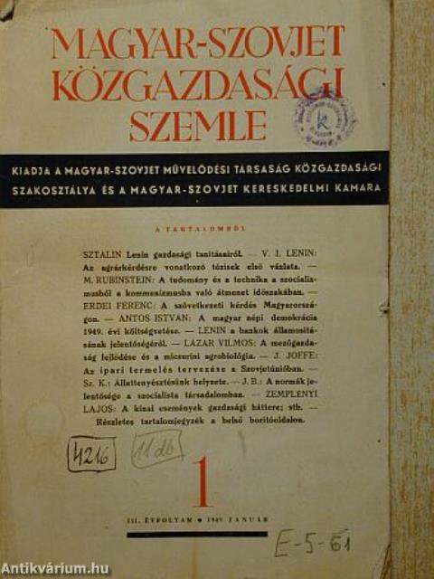 Magyar-Szovjet Közgazdasági Szemle 1949. január