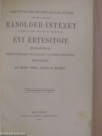 Ranolder-Intézet évi Értesitője az 1909-1910. iskolai évben