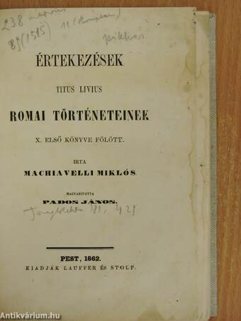 Értekezések Titus Livius romai történeteinek X. első könyve fölött