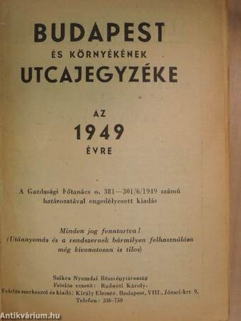 Budapest és környékének utcajegyzéke az 1949. évre