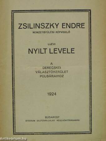 Zsilinszky Endre nemzetgyülési képviselő ujévi nyilt levele a derecskei választókerület polgáraihoz