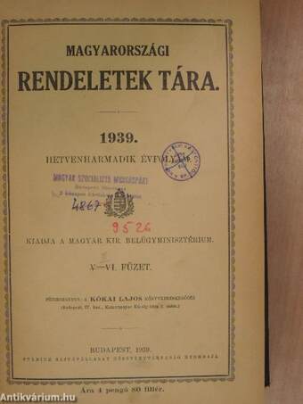 Magyarországi Rendeletek Tára 1939. V-IX.