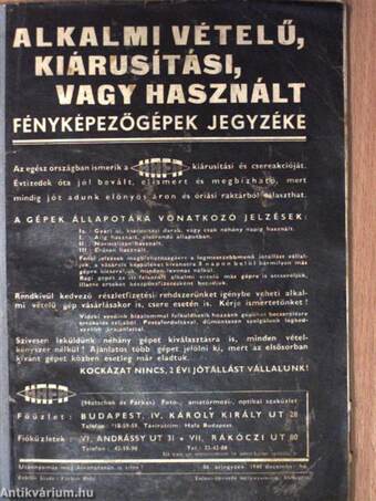 HAFA téli-árjegyzék 1940-41./Alkalmi vételű, kiárusítási, vagy használt fényképezőgépek jegyzéke