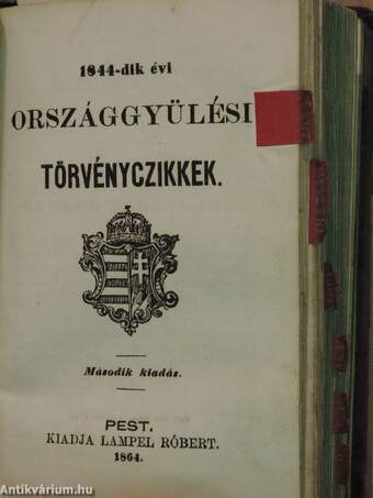 1836-dik évi országgyülési törvényczikkek/1840-dik évi országgyülési törvényczikkek/1844-dik évi országgyülési törvényczikkek/1847-48. évi országgyülési törvényczikkek/Az országbirói értekezlet javaslatai a törvénykezés tárgyában/ (rossz állapotú)