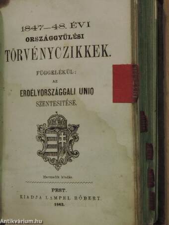 1836-dik évi országgyülési törvényczikkek/1840-dik évi országgyülési törvényczikkek/1844-dik évi országgyülési törvényczikkek/1847-48. évi országgyülési törvényczikkek/Az országbirói értekezlet javaslatai a törvénykezés tárgyában/ (rossz állapotú)