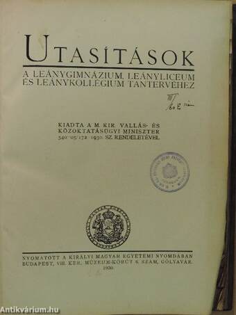 Utasítások a leánygimnázium, leányliceum és leánykollégium tantervéhez