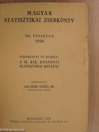 Magyar statisztikai zsebkönyv 1938.