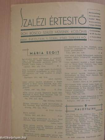 Szalézi Értesítő 1943. január