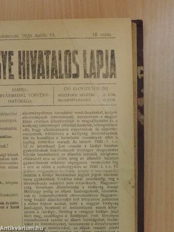 Fejérvármegye hivatalos lapja 1920. (nem teljes évfolyam)