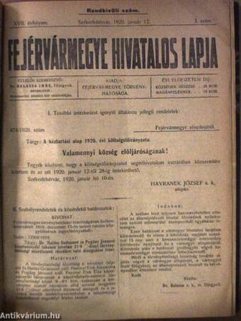 Fejérvármegye hivatalos lapja 1920. (nem teljes évfolyam)