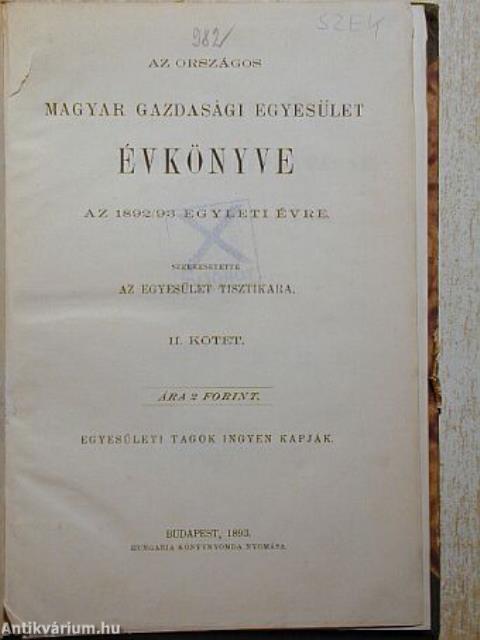 Az Országos Magyar Gazdasági Egyesület évkönyve az 1892/93 egyleti évre II. (töredék)