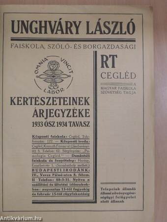 Unghváry László Faiskola, Szőlő- és Borgazdasági RT Cegléd kertészeteinek árjegyzéke 1933 ősz-1934 tavasz