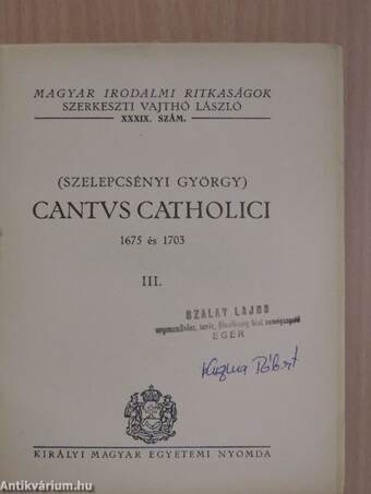 Cantus Catholici 1675 és 1703 III. (töredék)