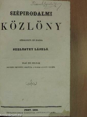 Szépirodalmi Közlöny 1857-1858. (nem teljes évfolyam)