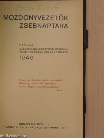 Mozdonyvezetők zsebnaptára 1940