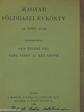 Magyar Földrajzi Évkönyv az 1929. évre