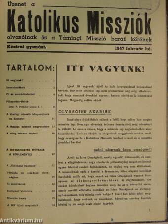 Katolikus Missziók 1941. január-december/1942-1944. (nem teljes évfolyamok)/Üzenet a Katolikus Missziók olvasóinak és a Támingi Misszió baráti körének 1947. február hó