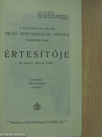 A Szegedi M. Kir. Állami Felső Kereskedelmi Iskola harminchetedik értesítője az 1924/25. iskolai évről