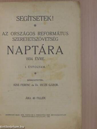 Az Országos Református Szeretetszövetség naptára 1934. évre