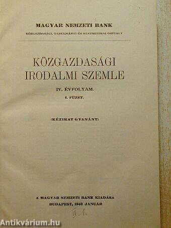 Közgazdasági Irodalmi Szemle 1943. január-június (nem teljes évfolyam)