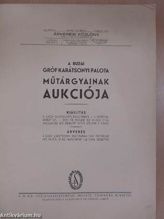 A budai gróf Karátsonyi Palota műtárgyainak aukciója 1937. február