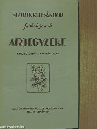 Schrikker Sándor faiskolájának árjegyzéke 1939-40