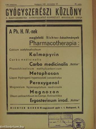 Gyógyszerészi Közlöny 1937. november 27.