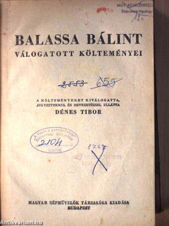 Balassa Bálint válogatott költeményei/Garay János válogatott munkái/A peleskei nótárius/Rontó Pál/Faludi Ferenc válogatott munkáiA Bélteky-ház