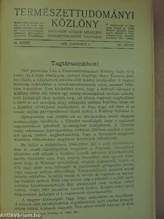 Természettudományi Közlöny 1928. január-december/Pótfüzetek a Természettudományi Közlönyhöz 1928. január-december